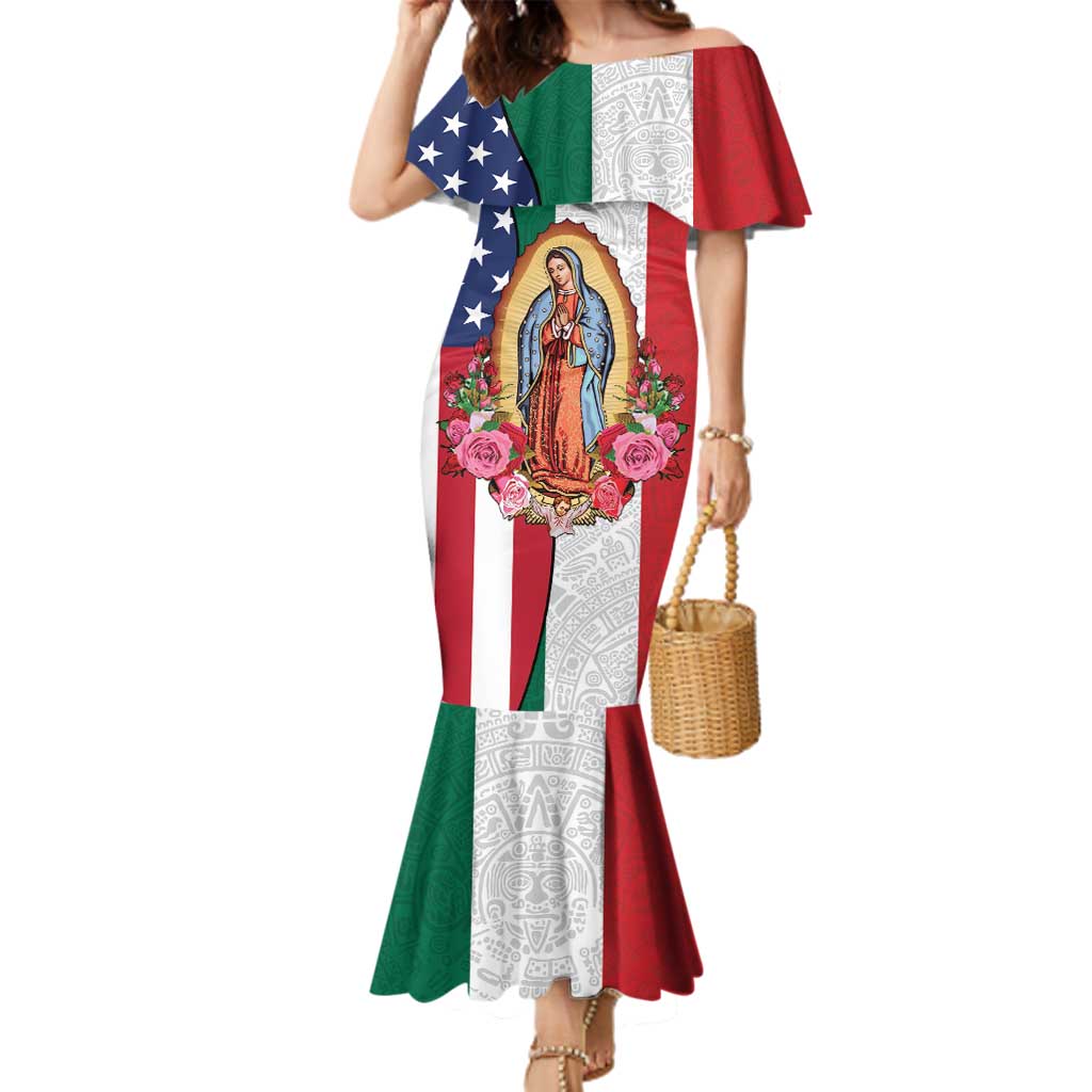 Guadalupe Virgin Mary Family Matching Mermaid Dress and Hawaiian Shirt Mexican American Flag - Wonder Print Shop