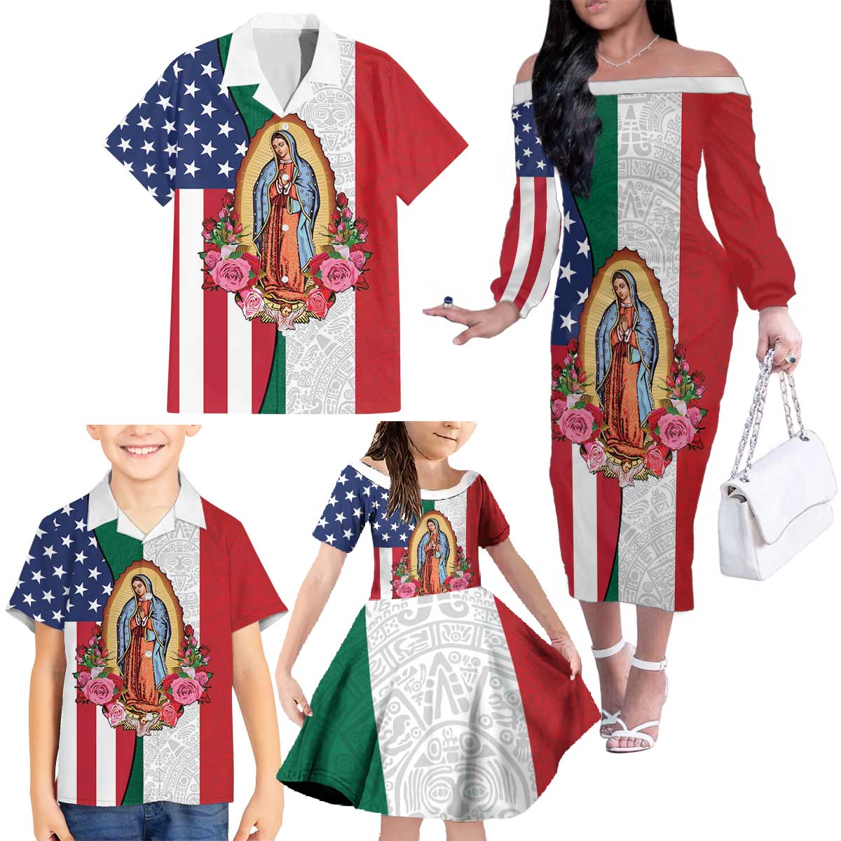 Guadalupe Virgin Mary Family Matching Off The Shoulder Long Sleeve Dress and Hawaiian Shirt Mexican American Flag - Wonder Print Shop