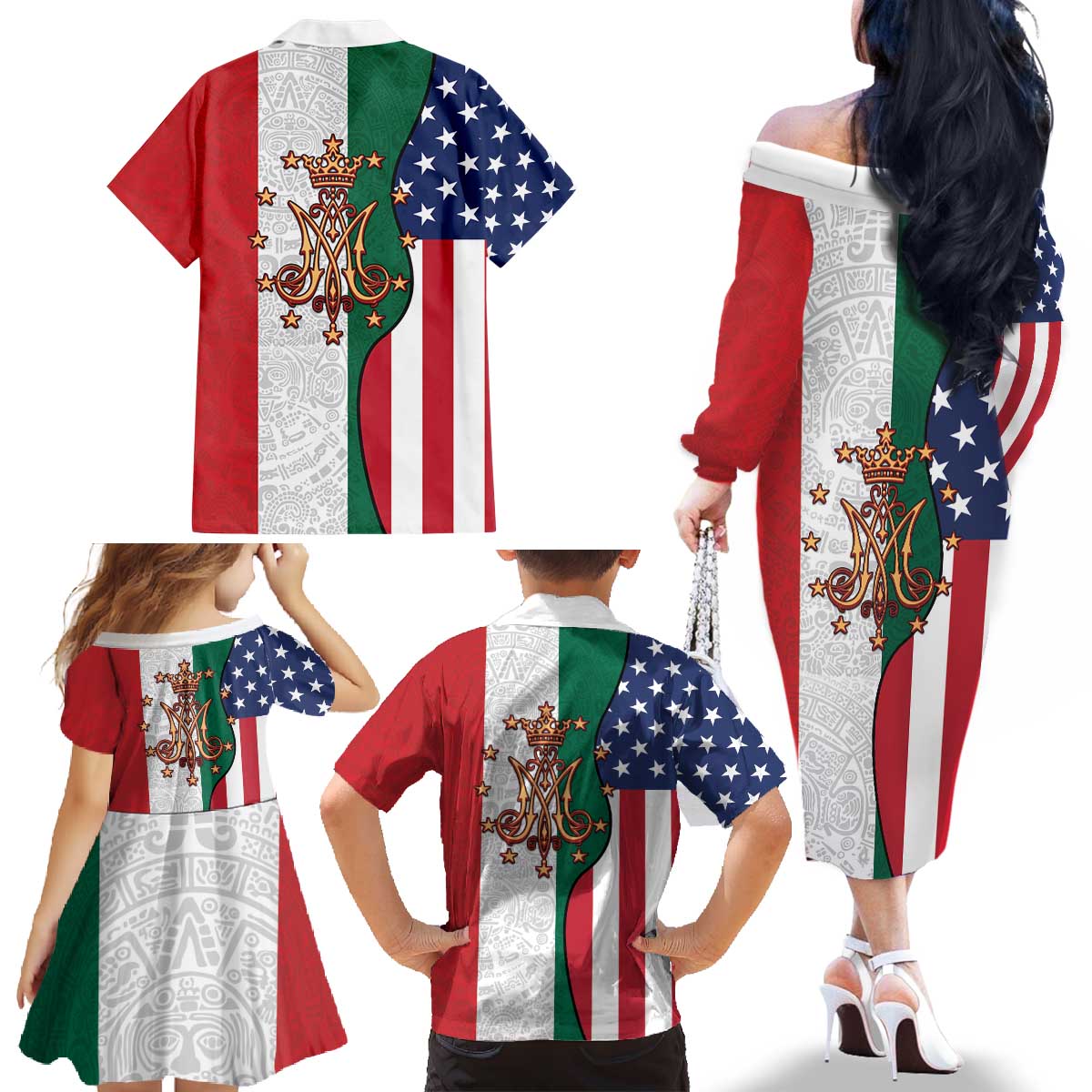 Guadalupe Virgin Mary Family Matching Off The Shoulder Long Sleeve Dress and Hawaiian Shirt Mexican American Flag - Wonder Print Shop