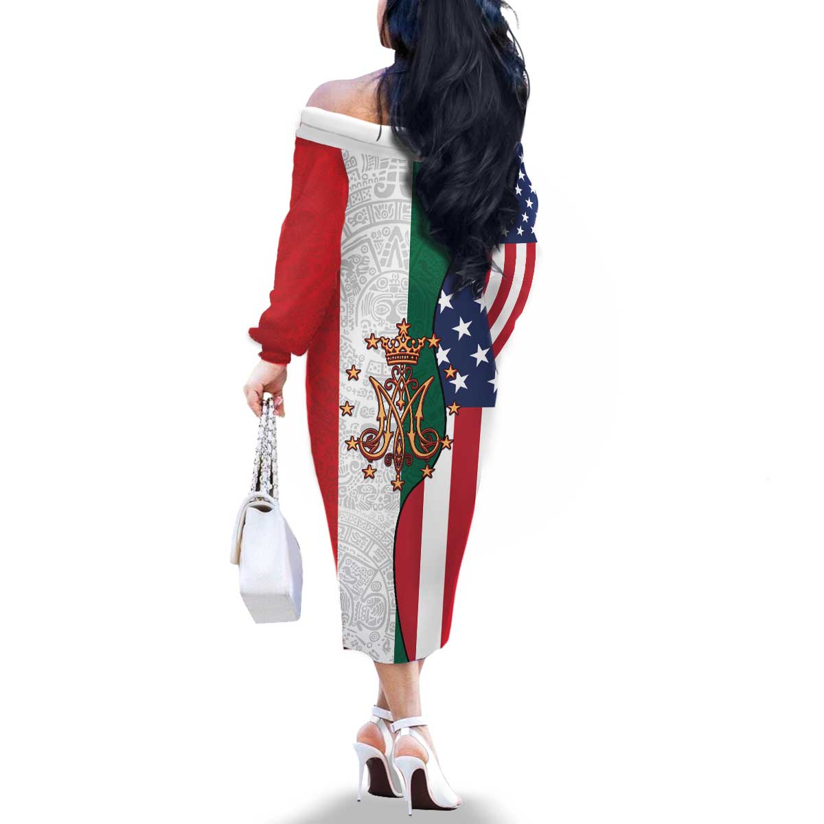 Guadalupe Virgin Mary Family Matching Off The Shoulder Long Sleeve Dress and Hawaiian Shirt Mexican American Flag - Wonder Print Shop