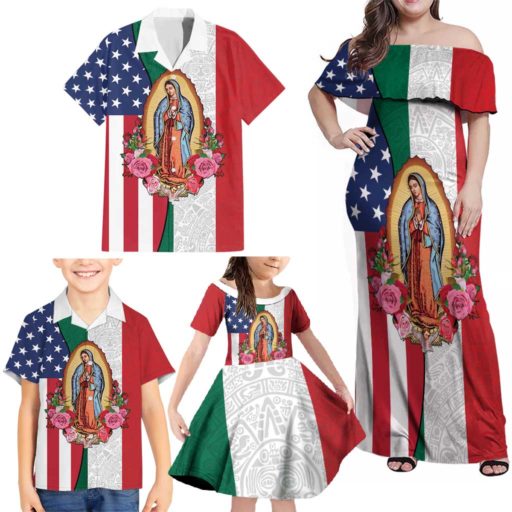 Guadalupe Virgin Mary Family Matching Off Shoulder Maxi Dress and Hawaiian Shirt Mexican American Flag - Wonder Print Shop