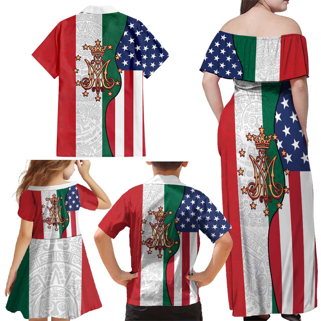 Guadalupe Virgin Mary Family Matching Off Shoulder Maxi Dress and Hawaiian Shirt Mexican American Flag - Wonder Print Shop