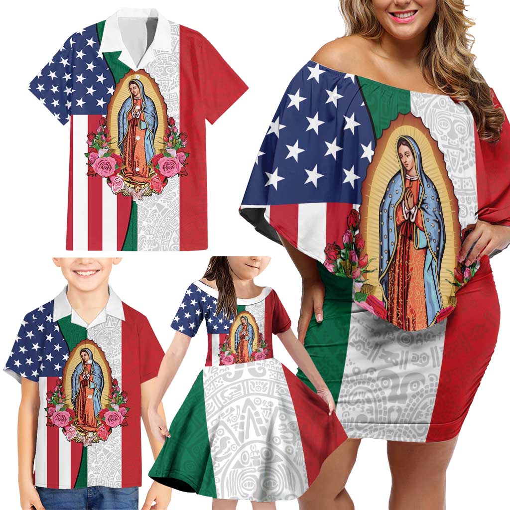 Guadalupe Virgin Mary Family Matching Off Shoulder Short Dress and Hawaiian Shirt Mexican American Flag - Wonder Print Shop