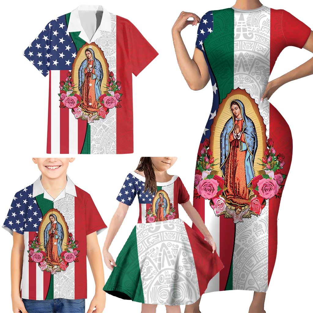 Guadalupe Virgin Mary Family Matching Short Sleeve Bodycon Dress and Hawaiian Shirt Mexican American Flag - Wonder Print Shop