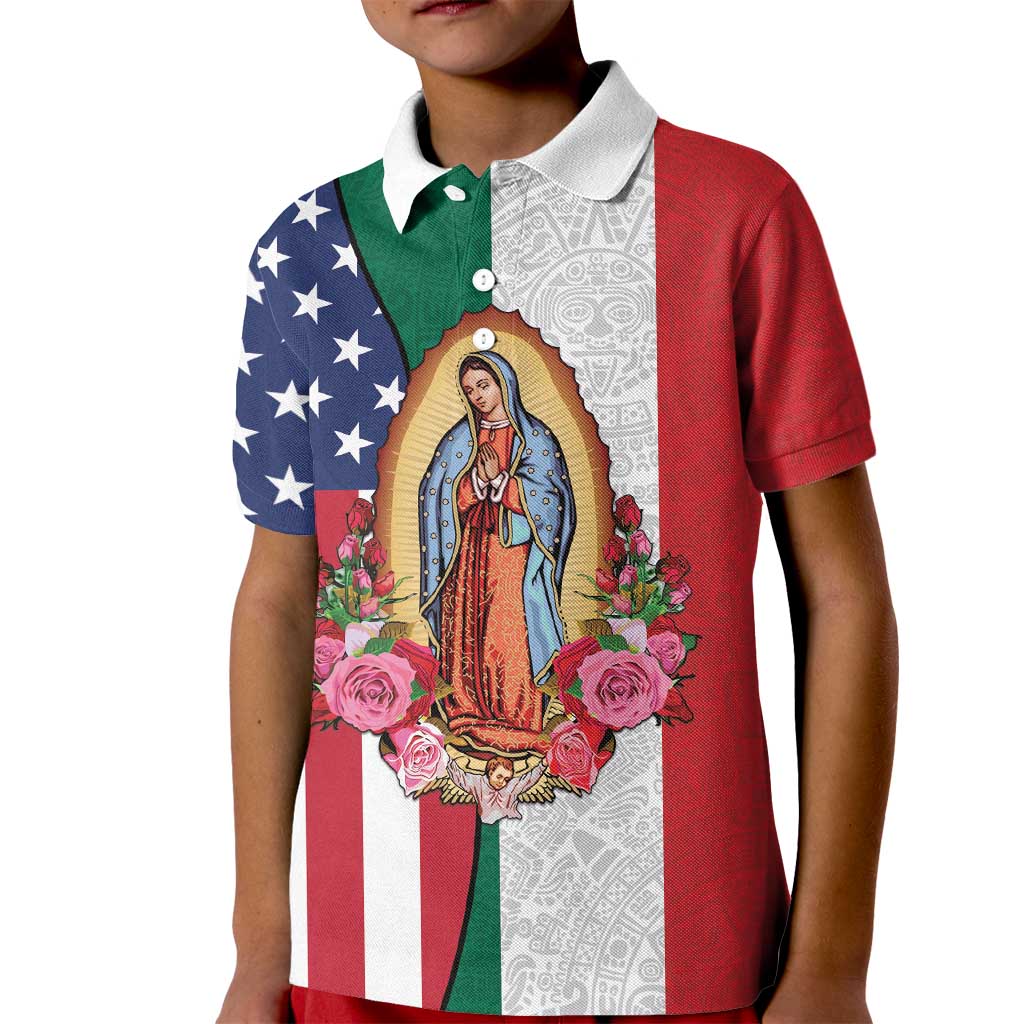 Guadalupe Virgin Mary Kid Polo Shirt Mexican American Flag - Wonder Print Shop