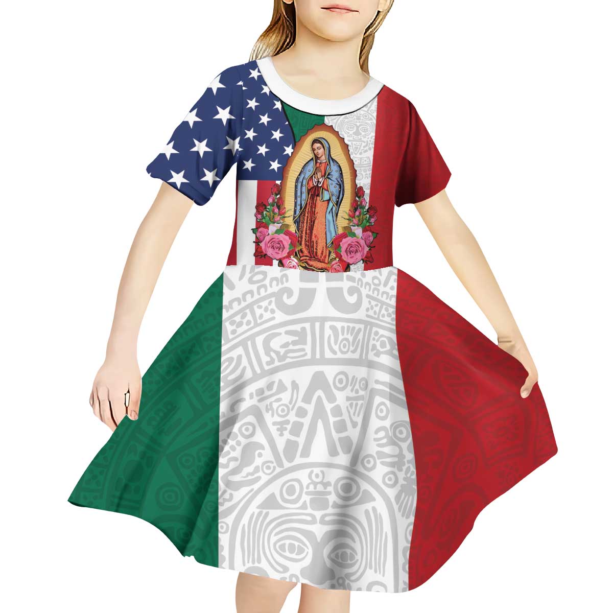 Guadalupe Virgin Mary Kid Short Sleeve Dress Mexican American Flag - Wonder Print Shop