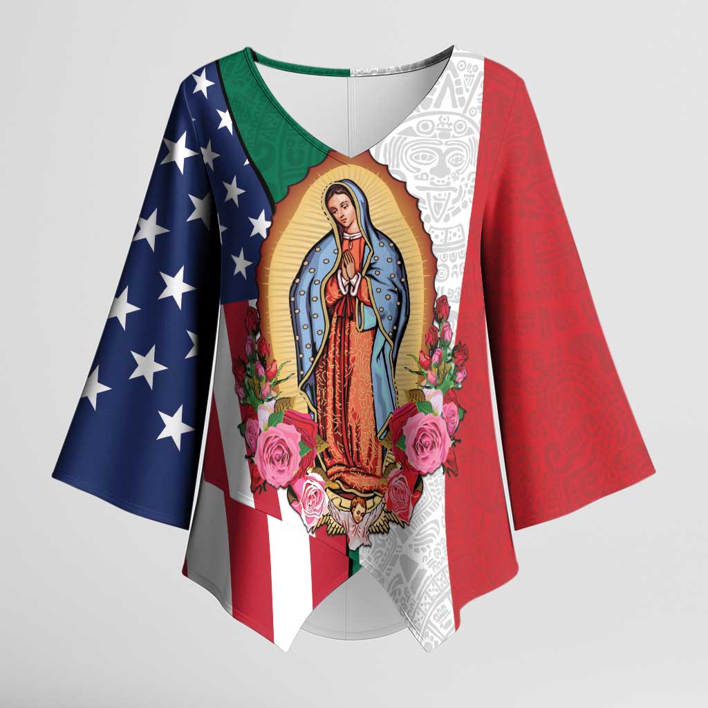 Guadalupe Virgin Mary Kimono Sleeve Blouse Mexican American Flag - Wonder Print Shop