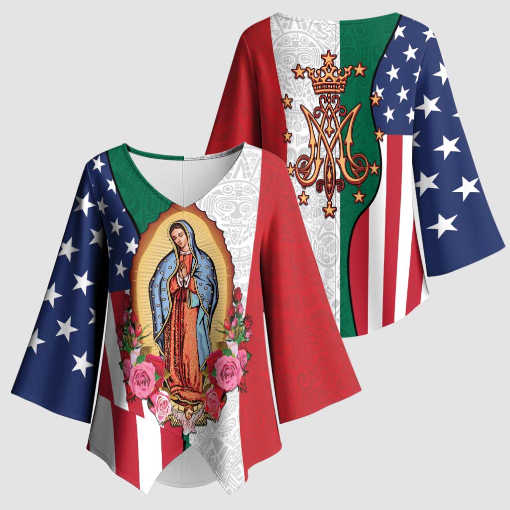 Guadalupe Virgin Mary Kimono Sleeve Blouse Mexican American Flag - Wonder Print Shop