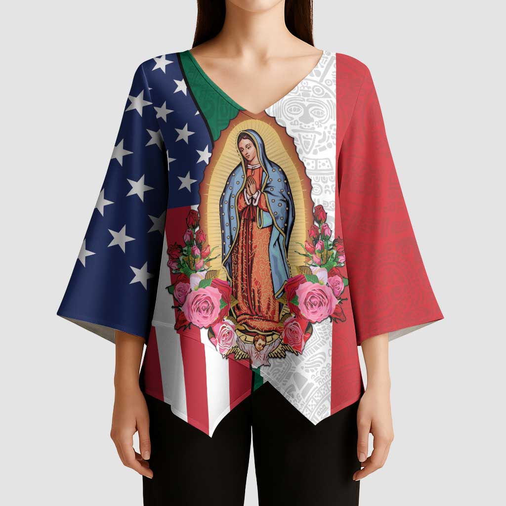 Guadalupe Virgin Mary Kimono Sleeve Blouse Mexican American Flag - Wonder Print Shop
