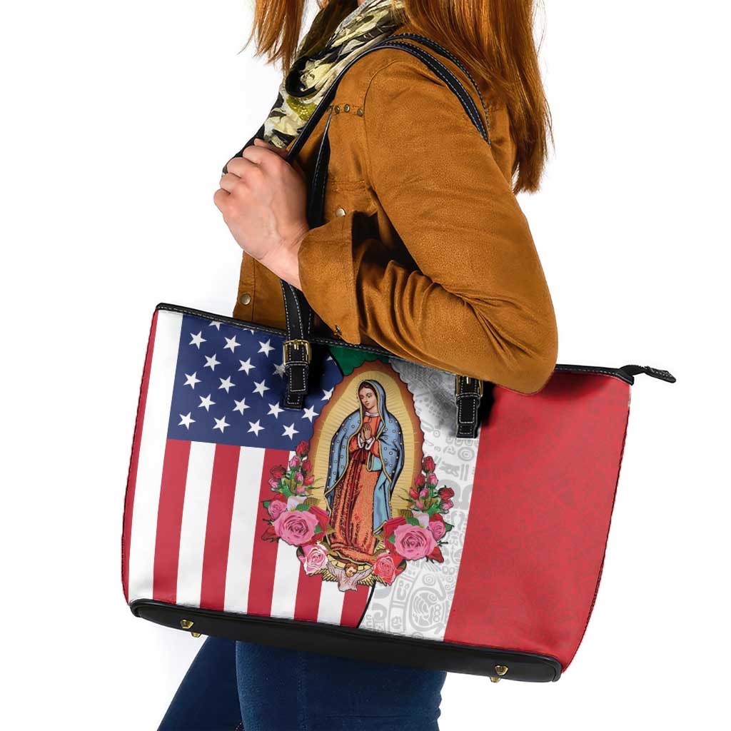 Guadalupe Virgin Mary Leather Tote Bag Mexican American Flag - Wonder Print Shop