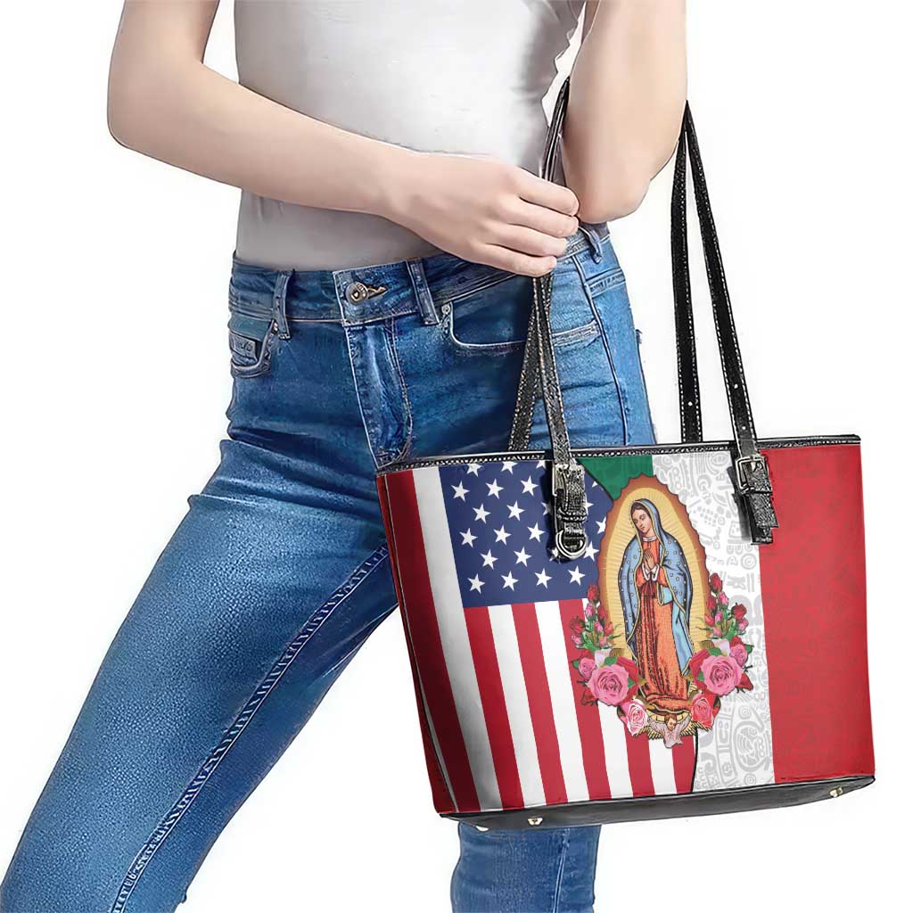 Guadalupe Virgin Mary Leather Tote Bag Mexican American Flag - Wonder Print Shop