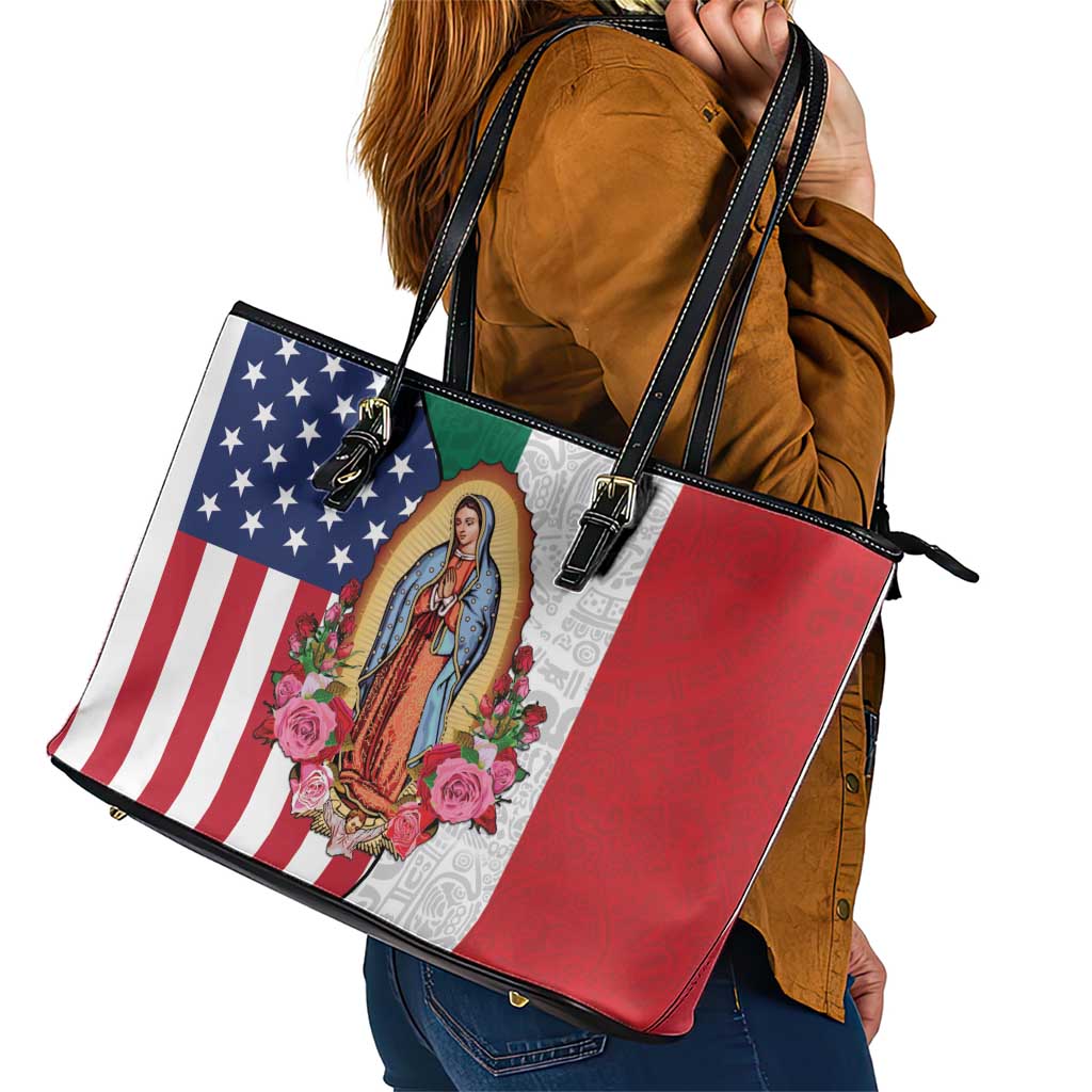 Guadalupe Virgin Mary Leather Tote Bag Mexican American Flag - Wonder Print Shop
