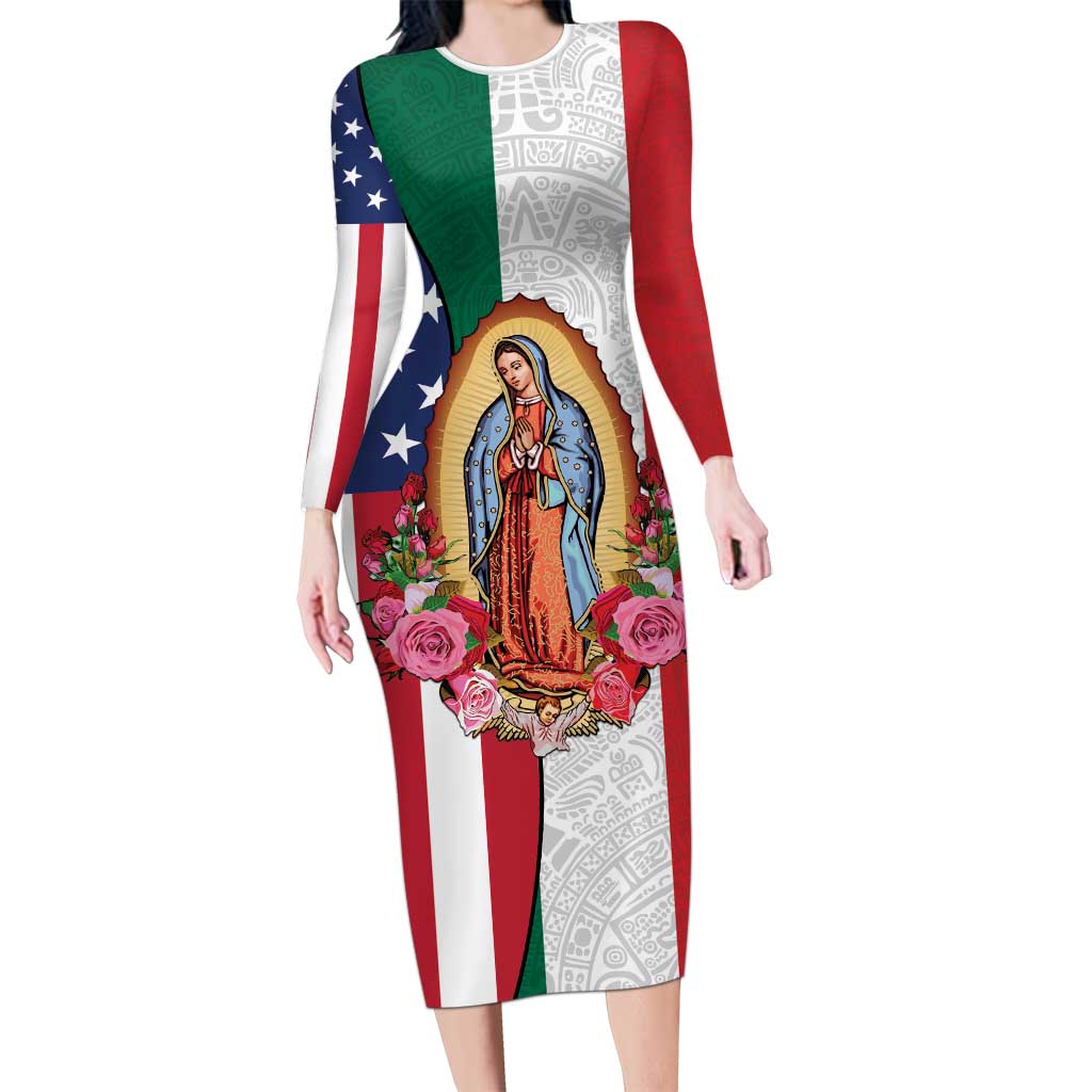 Guadalupe Virgin Mary Long Sleeve Bodycon Dress Mexican American Flag - Wonder Print Shop