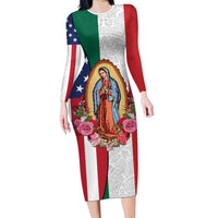 Guadalupe Virgin Mary Long Sleeve Bodycon Dress Mexican American Flag - Wonder Print Shop