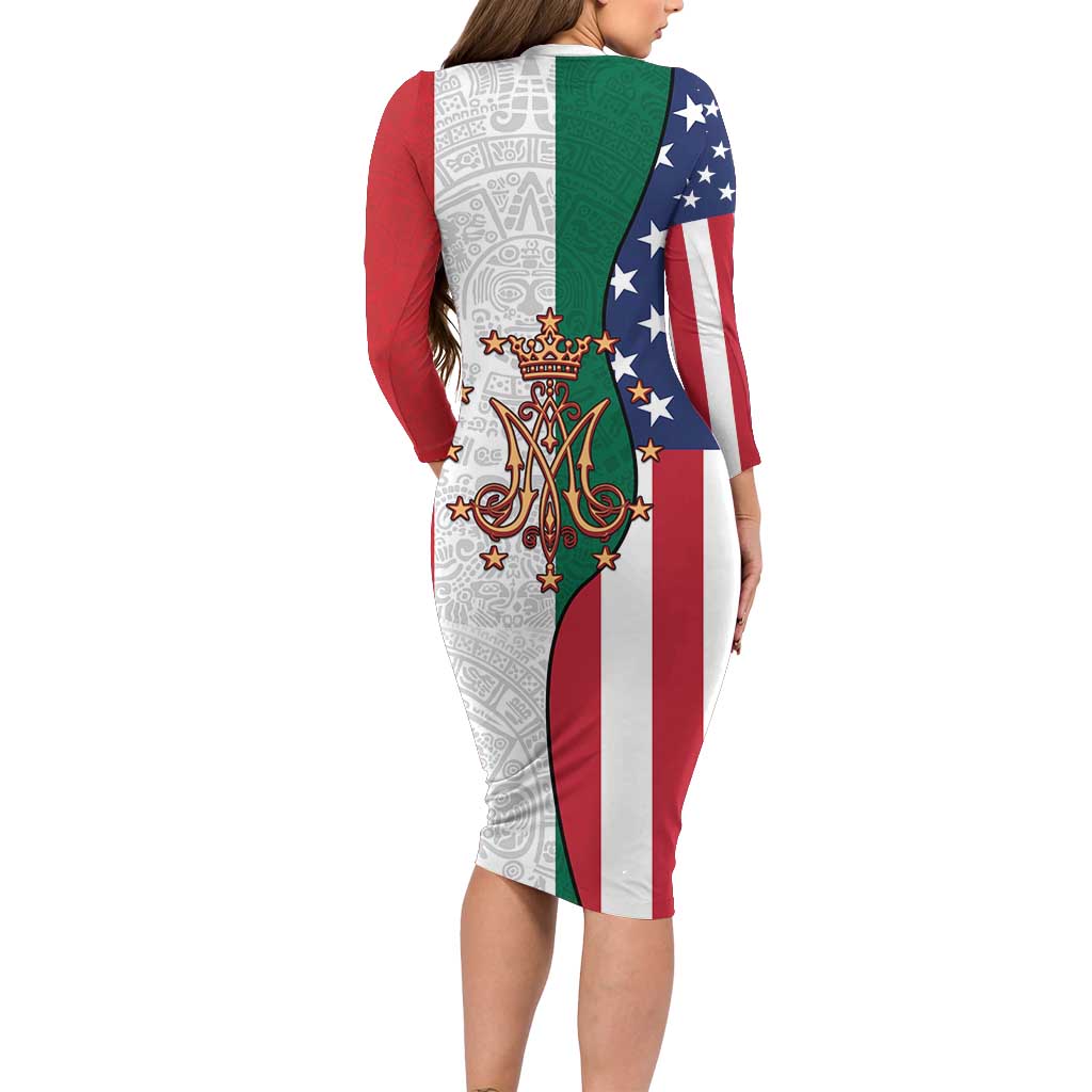 Guadalupe Virgin Mary Long Sleeve Bodycon Dress Mexican American Flag - Wonder Print Shop
