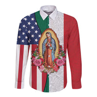 Guadalupe Virgin Mary Long Sleeve Button Shirt Mexican American Flag - Wonder Print Shop