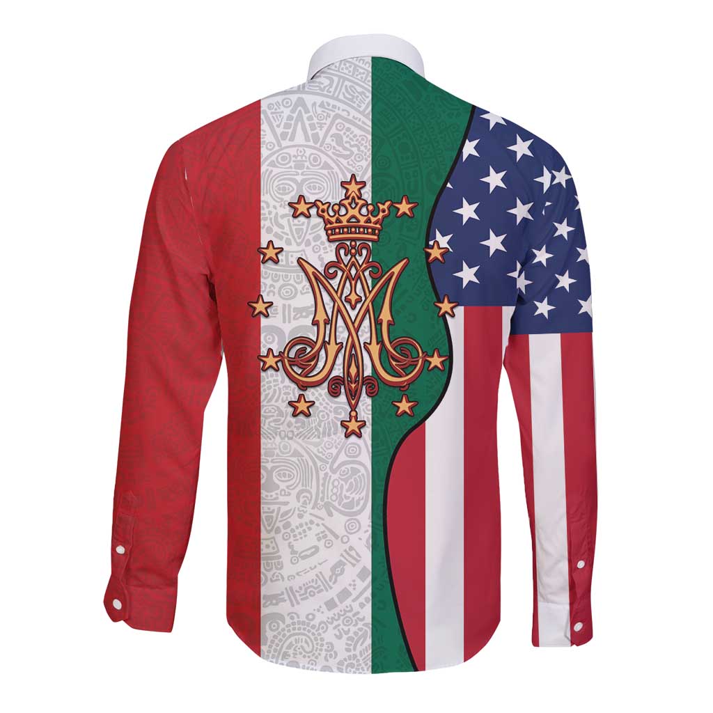Guadalupe Virgin Mary Long Sleeve Button Shirt Mexican American Flag - Wonder Print Shop