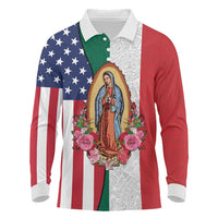 Guadalupe Virgin Mary Long Sleeve Polo Shirt Mexican American Flag - Wonder Print Shop