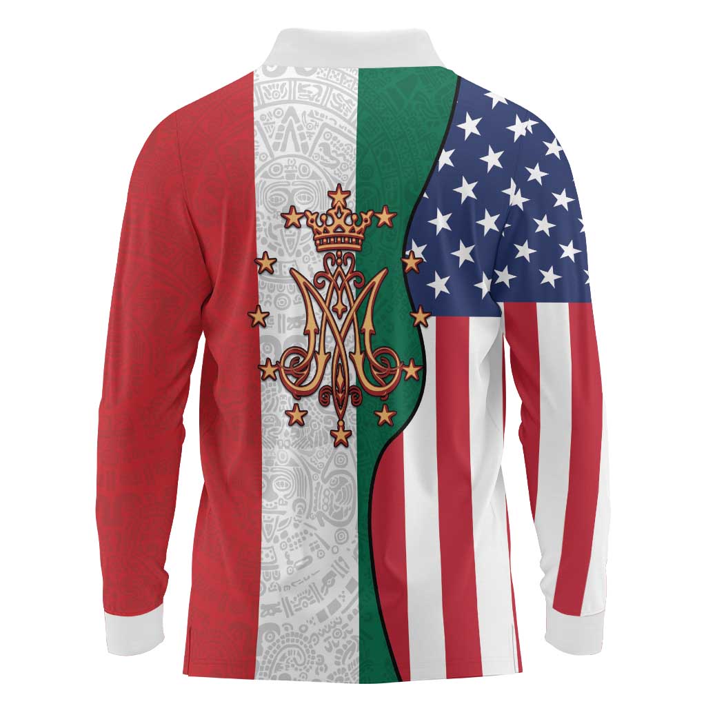 Guadalupe Virgin Mary Long Sleeve Polo Shirt Mexican American Flag - Wonder Print Shop