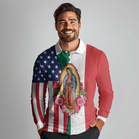 Guadalupe Virgin Mary Long Sleeve Polo Shirt Mexican American Flag - Wonder Print Shop