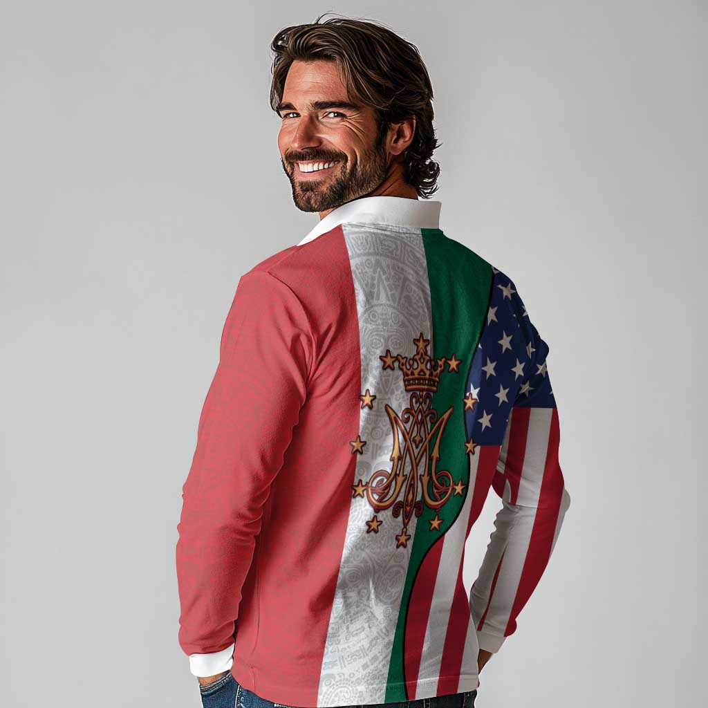 Guadalupe Virgin Mary Long Sleeve Polo Shirt Mexican American Flag - Wonder Print Shop