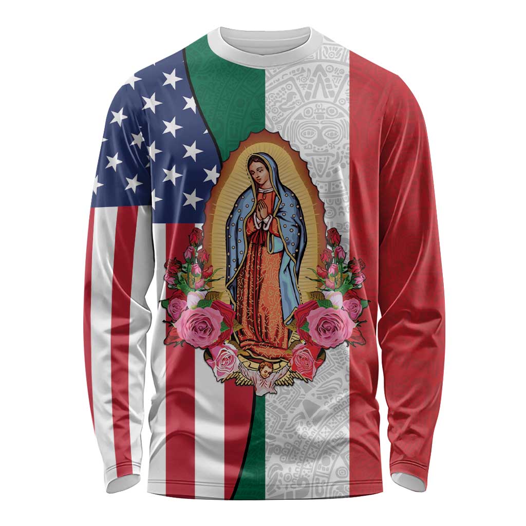 Guadalupe Virgin Mary Long Sleeve Shirt Mexican American Flag - Wonder Print Shop