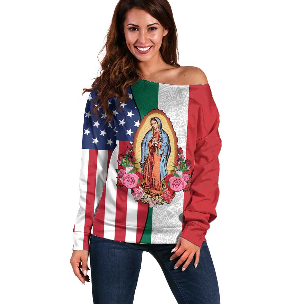 Guadalupe Virgin Mary Off Shoulder Sweater Mexican American Flag - Wonder Print Shop