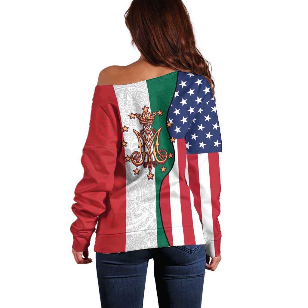 Guadalupe Virgin Mary Off Shoulder Sweater Mexican American Flag - Wonder Print Shop