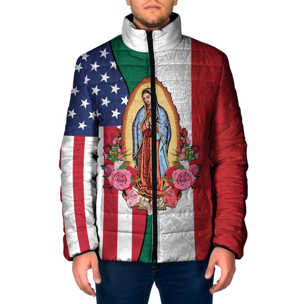 Guadalupe Virgin Mary Padded Jacket Mexican American Flag - Wonder Print Shop