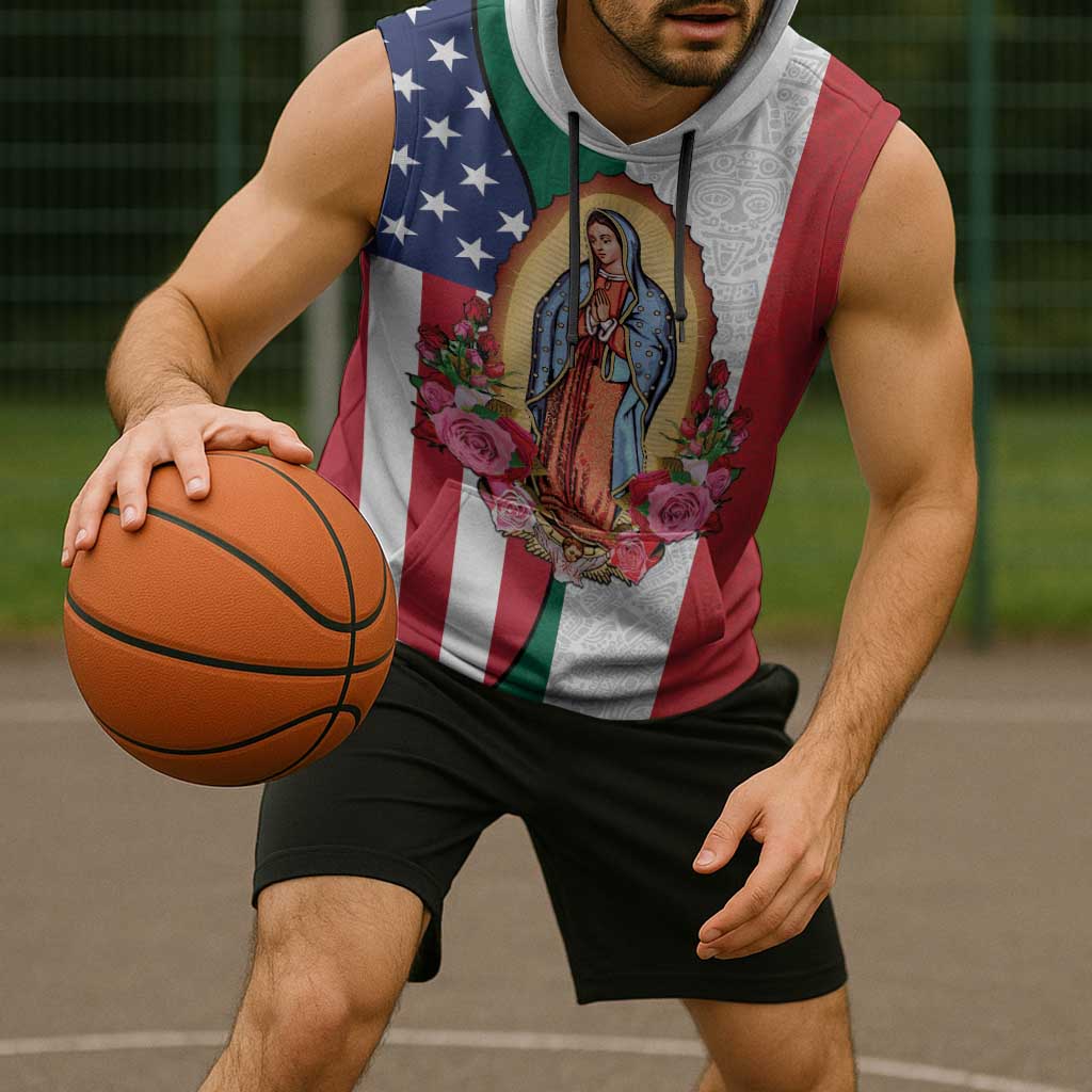 Guadalupe Virgin Mary Sleeveless Hoodie Mexican American Flag - Wonder Print Shop