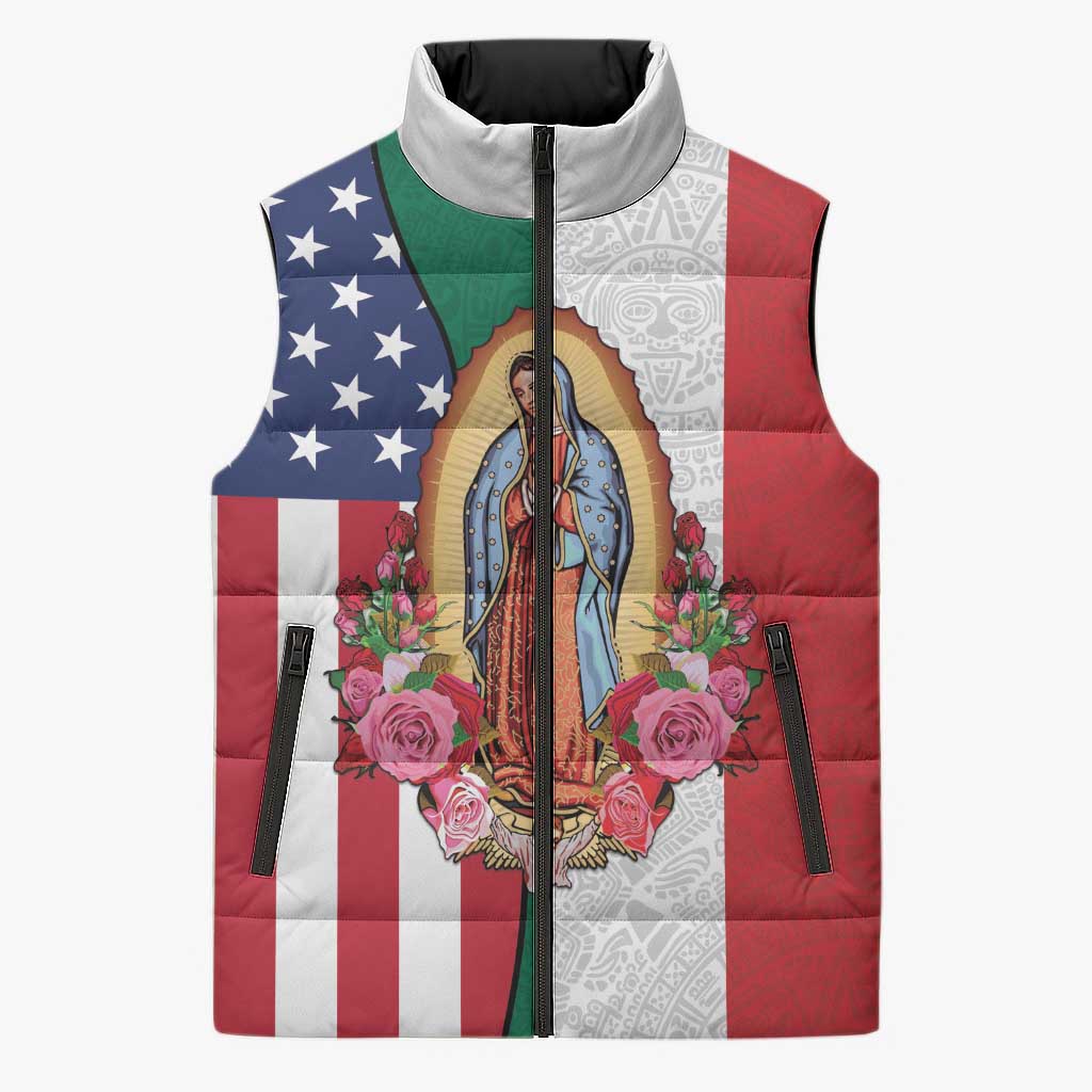 Guadalupe Virgin Mary Sleeveless Puffer Jacket Mexican American Flag - Wonder Print Shop