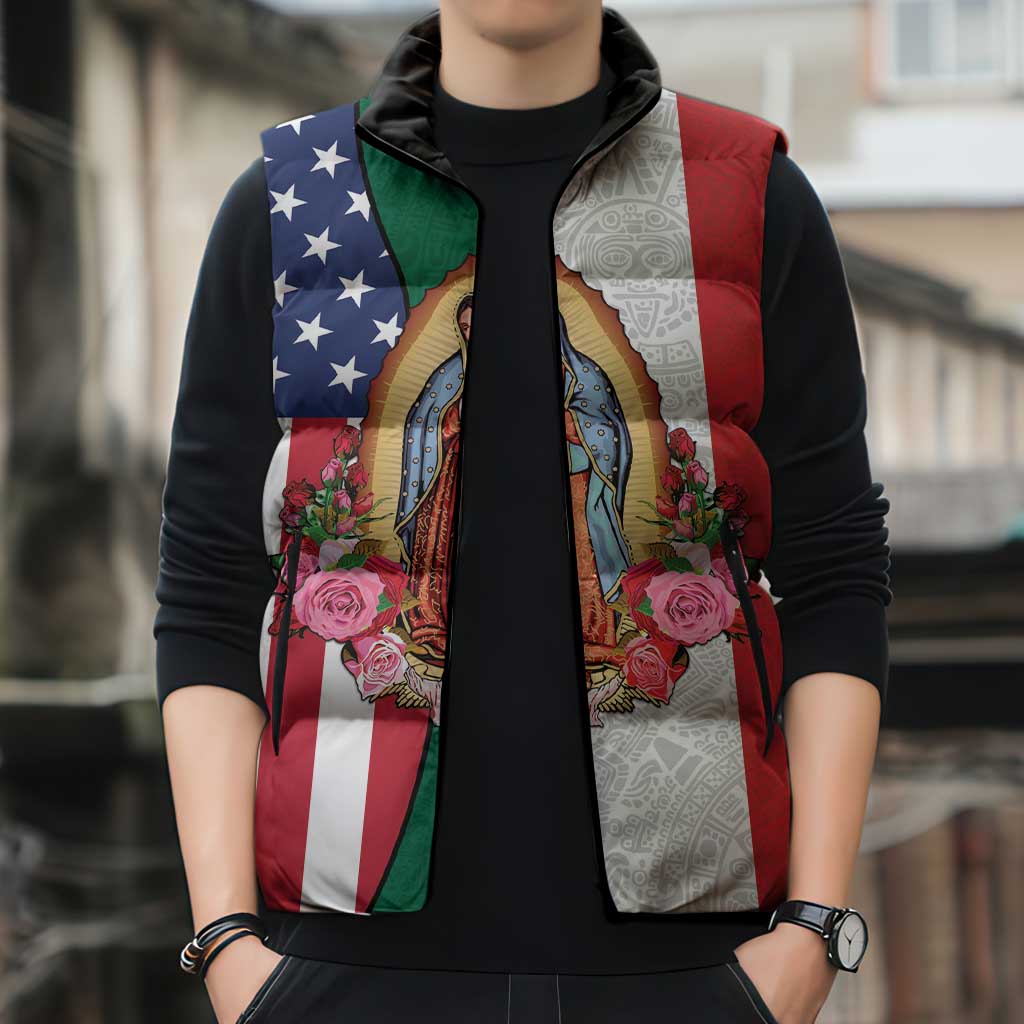 Guadalupe Virgin Mary Sleeveless Puffer Jacket Mexican American Flag - Wonder Print Shop