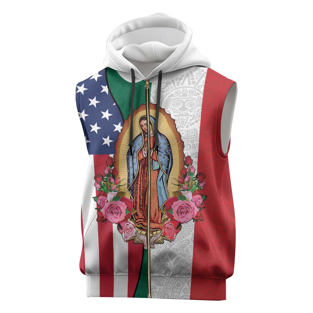 Guadalupe Virgin Mary Sleeveless Zip Hoodie Mexican American Flag - Wonder Print Shop