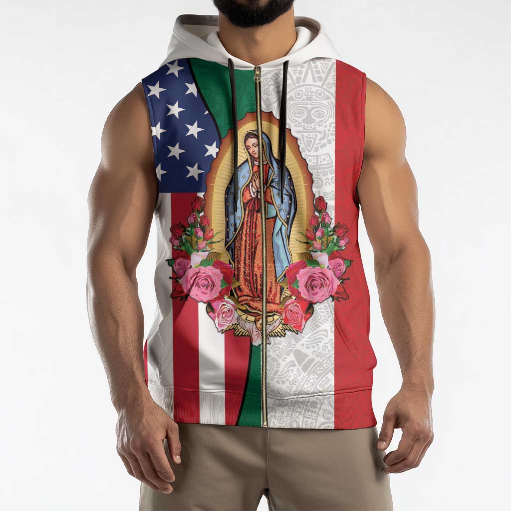 Guadalupe Virgin Mary Sleeveless Zip Hoodie Mexican American Flag - Wonder Print Shop