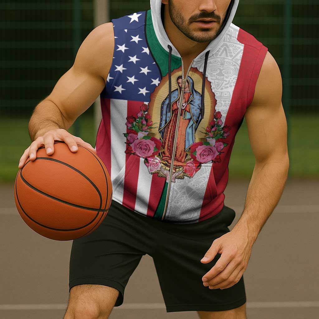 Guadalupe Virgin Mary Sleeveless Zip Hoodie Mexican American Flag - Wonder Print Shop