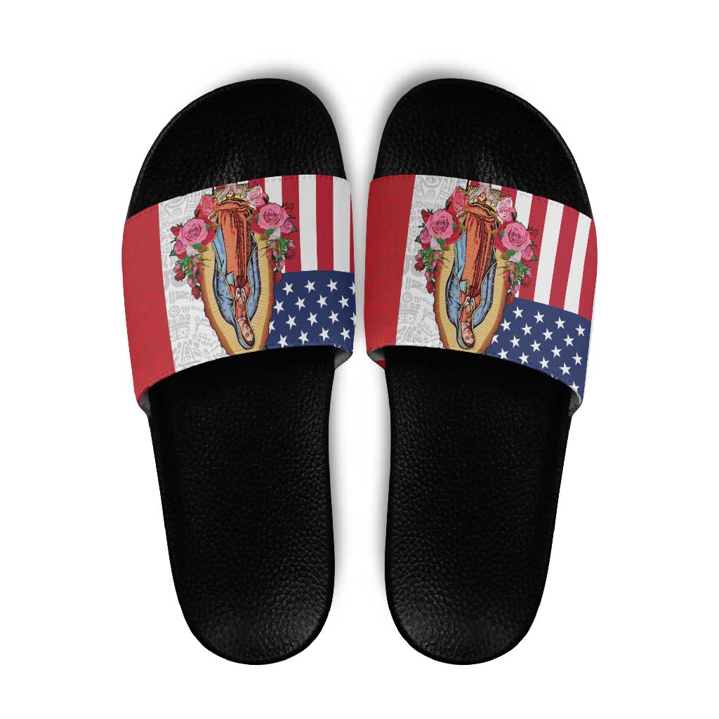 Guadalupe Virgin Mary Slide Sandals Mexican American Flag - Wonder Print Shop