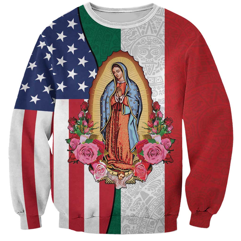 Guadalupe Virgin Mary Sweatshirt Mexican American Flag - Wonder Print Shop