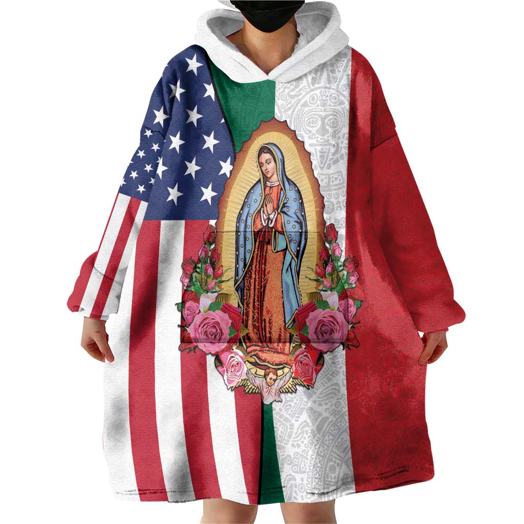 Guadalupe Virgin Mary Wearable Blanket Hoodie Mexican American Flag - Wonder Print Shop