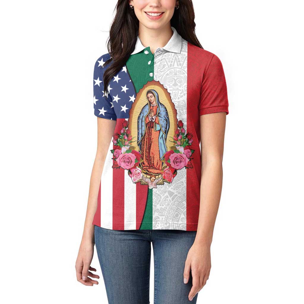 Guadalupe Virgin Mary Women Polo Shirt Mexican American Flag - Wonder Print Shop