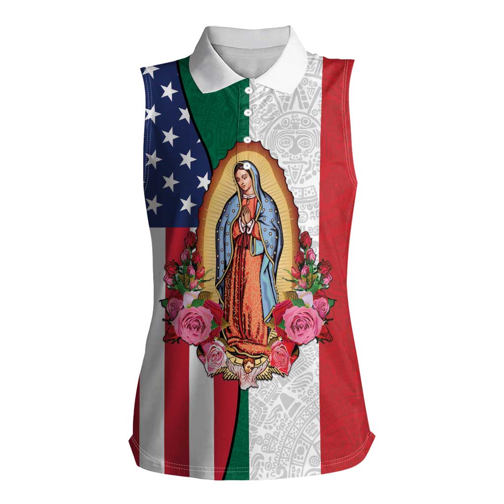 Guadalupe Virgin Mary Women Sleeveless Polo Shirt Mexican American Flag - Wonder Print Shop