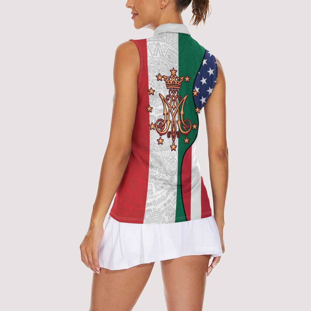 Guadalupe Virgin Mary Women Sleeveless Polo Shirt Mexican American Flag - Wonder Print Shop