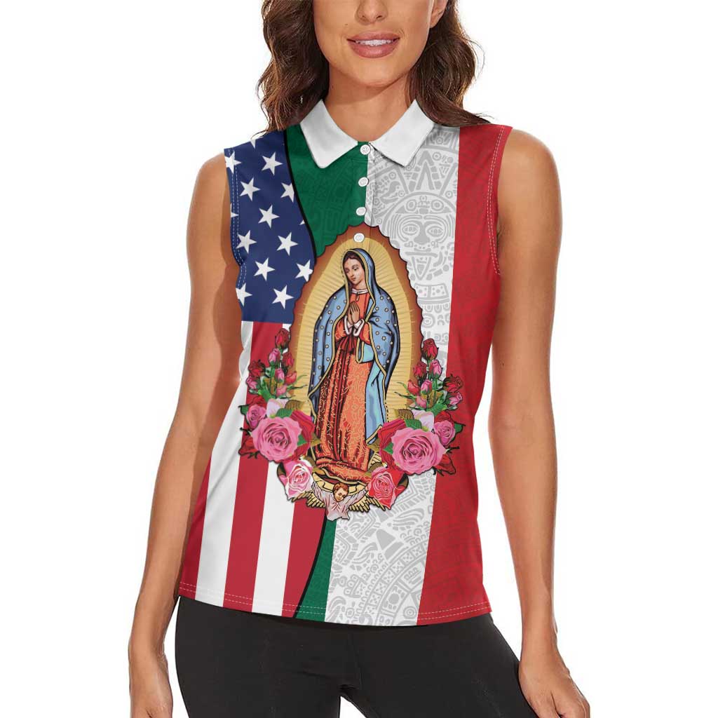 Guadalupe Virgin Mary Women Sleeveless Polo Shirt Mexican American Flag - Wonder Print Shop