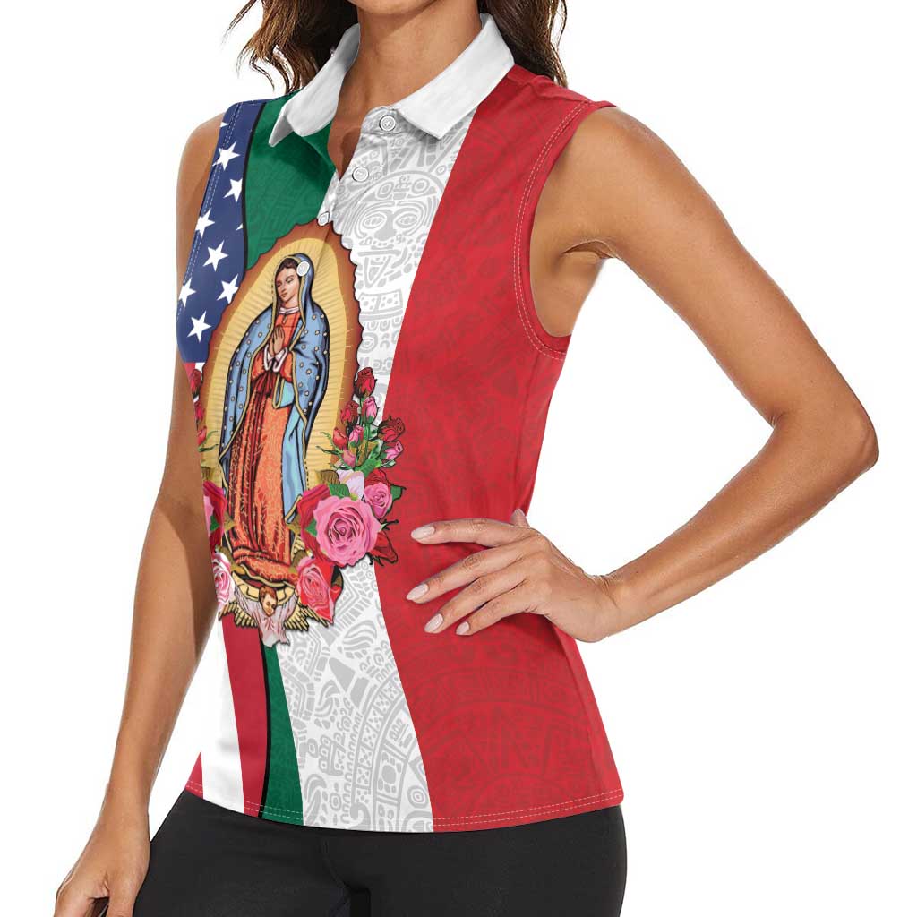 Guadalupe Virgin Mary Women Sleeveless Polo Shirt Mexican American Flag - Wonder Print Shop