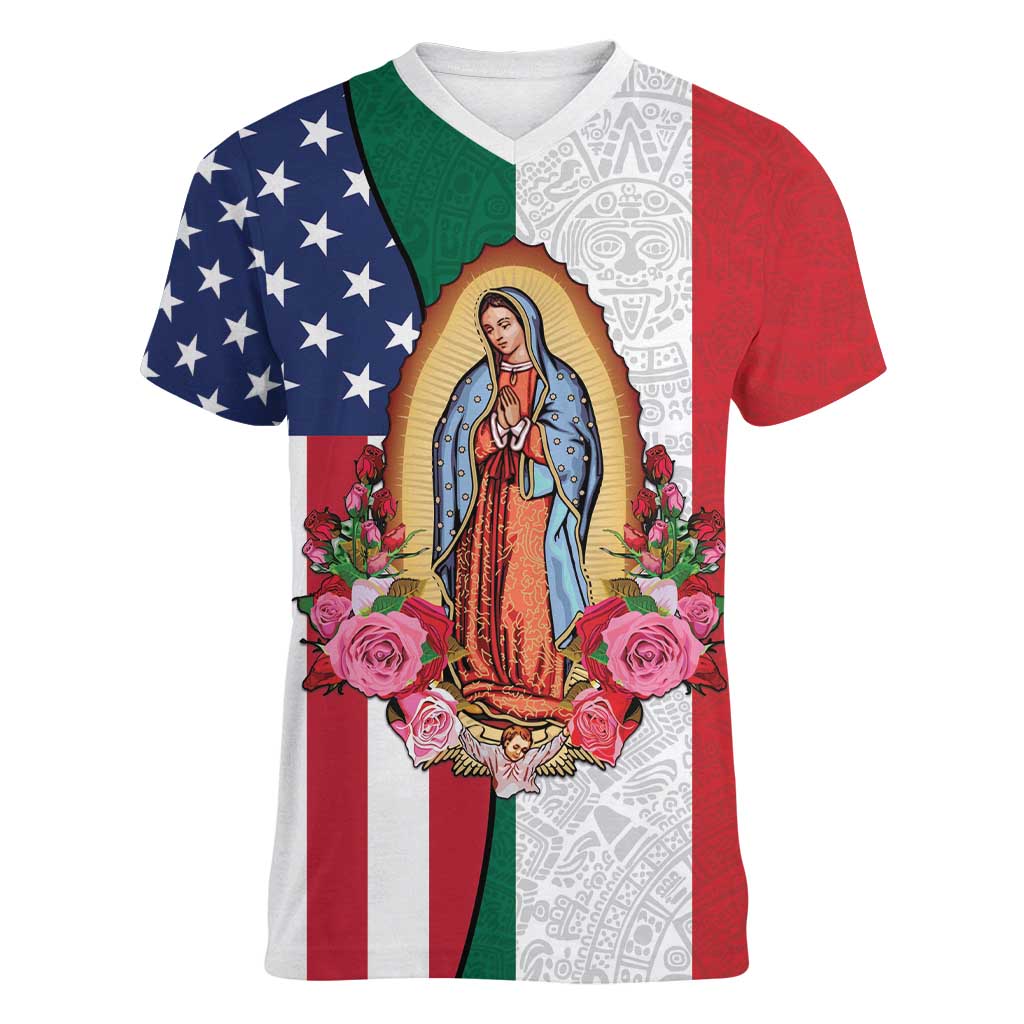 Guadalupe Virgin Mary Women V-Neck T-Shirt Mexican American Flag - Wonder Print Shop