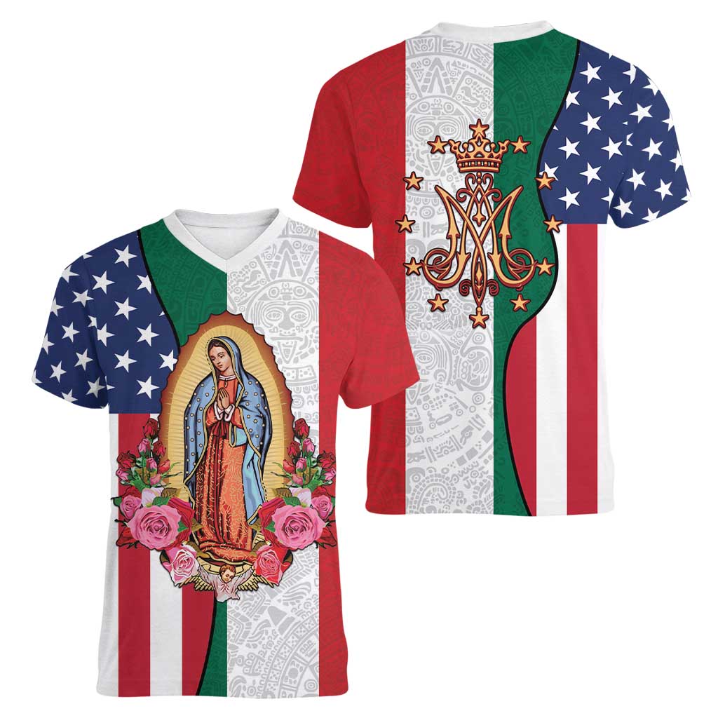 Guadalupe Virgin Mary Women V-Neck T-Shirt Mexican American Flag - Wonder Print Shop
