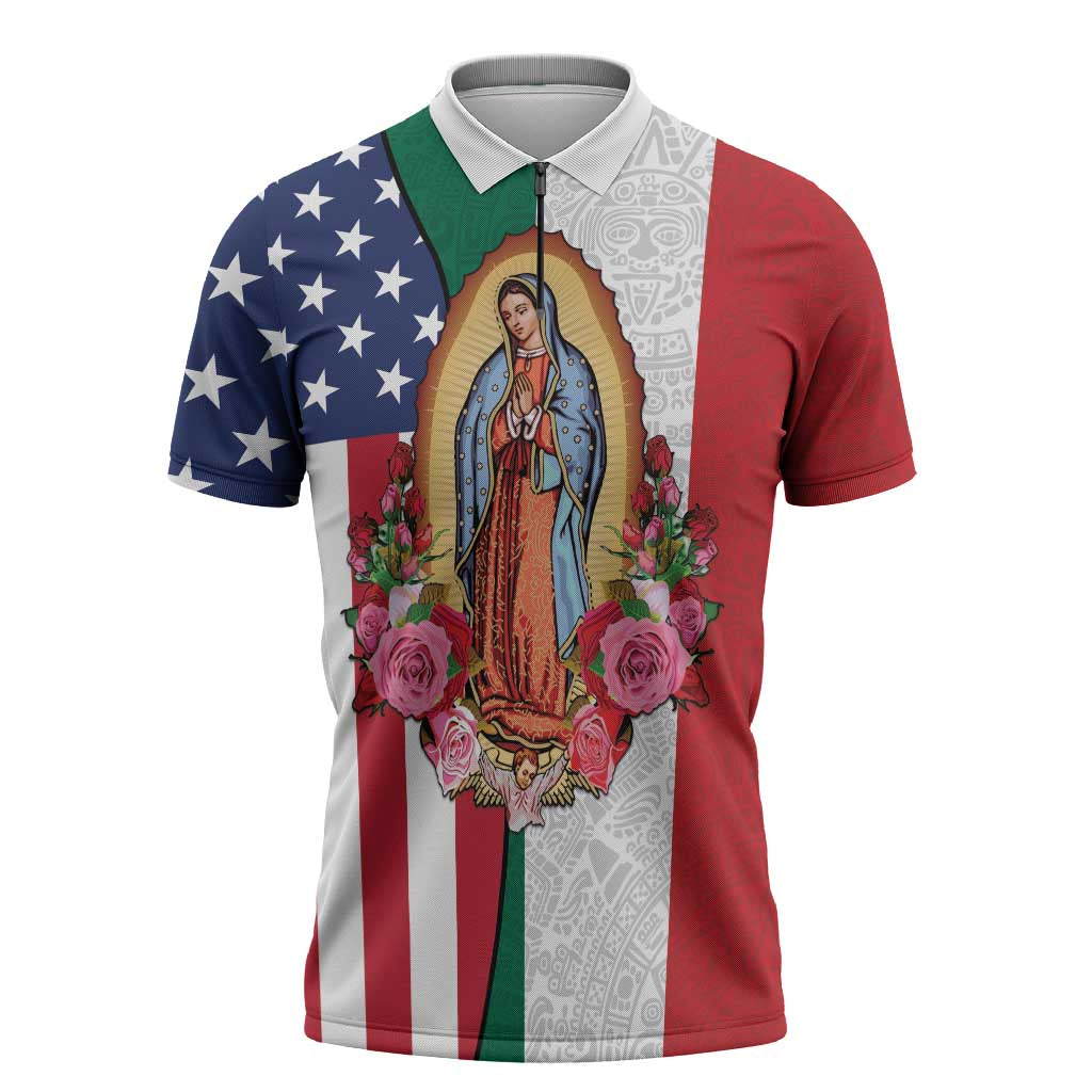 Guadalupe Virgin Mary Zipper Polo Shirt Mexican American Flag - Wonder Print Shop