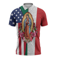 Guadalupe Virgin Mary Zipper Polo Shirt Mexican American Flag - Wonder Print Shop