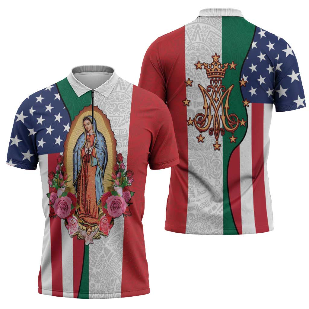 Guadalupe Virgin Mary Zipper Polo Shirt Mexican American Flag - Wonder Print Shop