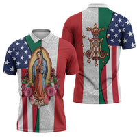 Guadalupe Virgin Mary Zipper Polo Shirt Mexican American Flag - Wonder Print Shop