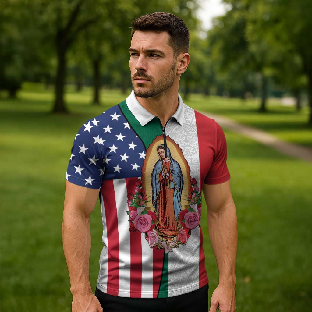 Guadalupe Virgin Mary Zipper Polo Shirt Mexican American Flag - Wonder Print Shop